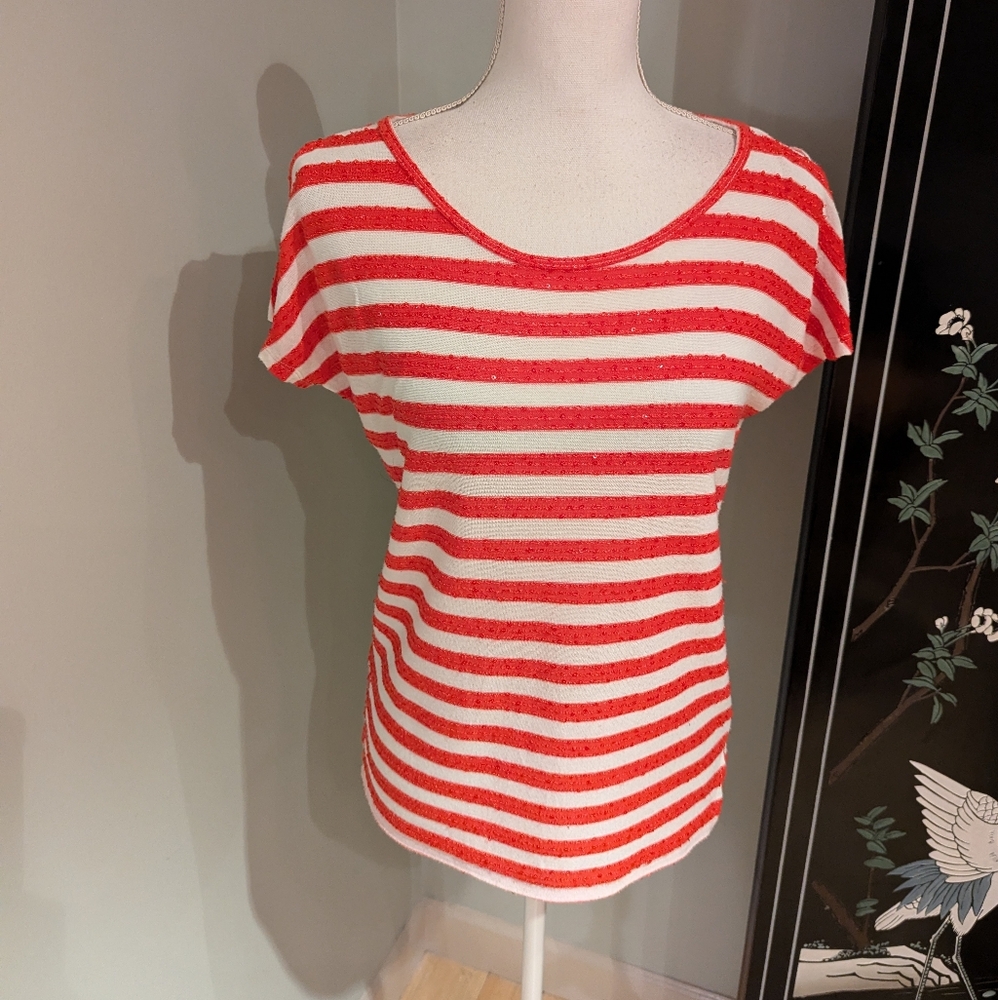 Rafaella Womens Small Petite Sequin Red & White Stripe Short Split Sleeve Top 73